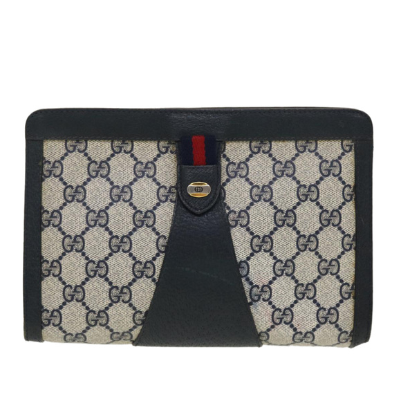 GUCCI GG Canvas Sherry Line Clutch Bag PVC Leather Gray Red Navy Auth th3543 - Picture 13 of 16